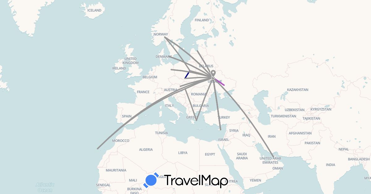TravelMap itinerary: driving, plane, train in United Arab Emirates, Cyprus, Germany, Denmark, Spain, Greece, Hungary, Latvia, Norway, Poland, Slovakia, Ukraine (Asia, Europe)